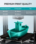3D printer with turquoise boat model on the build plate; banner shows Premium Print Quality and temperature/speed tips.