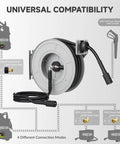 65Ft Pressure Washer Hose Reel Auto Retractable 3200 Psi Power Washer Reel with universal connection guide chart.