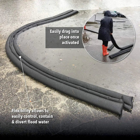 Person using Grab And Go Flood Kit With Five 10ft Flood Barriers In A Bucket Water Activated And Ready To Use No Sand Needed on wet pavement