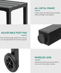 Close-up of black bar table's metal frame, foot pad, and wheeled legs for the 55 Inch Outdoor Bar Table Bar Height Rectangle Narrow Design.
