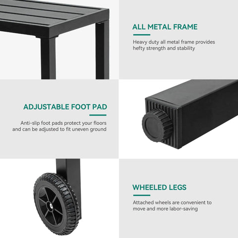 Close-up of black bar table's metal frame, foot pad, and wheeled legs for the 55 Inch Outdoor Bar Table Bar Height Rectangle Narrow Design.