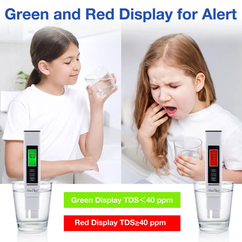 4 In 1 TDS EC Temperature Meter For Drinking Water, Hydroponics, Aquarium, Pool And RO Systems showing green and red alerts