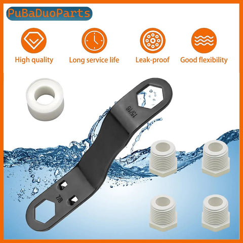 Rugged RV Water Heater Drain Plug Kit with angled wrench and PTFE tape, includes four NPT replacement plugs