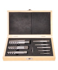Open case showing 9 Piece Jumbo Screw Extractor Set For Removing Broken Screws Bolts Studs And Pipes Pro Grade Heavy Duty Durable Construction.