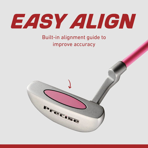 Close-up of pink putter from Kid Friendly Junior Golf Set For Ages 9 To 12 With Driver Irons Putter Bag Pink, alignment guide visible.
