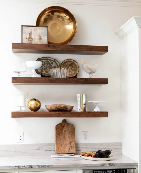 Wooden shelves supported by Hidden Floating Shelf Brackets 12 Pack 8 Inch Concealed Wood Shelf Support Invisible Coated Mounting Brackets For DIY Decor