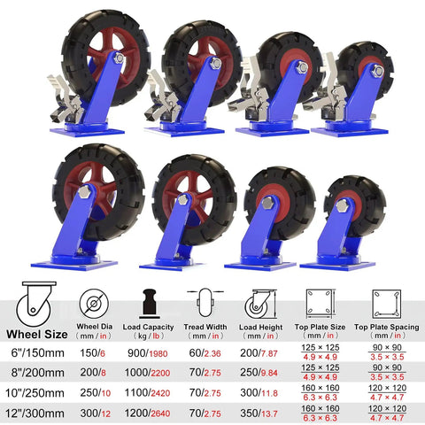 Heavy Duty Swivel Caster Wheel Set Of 4 With Rock Solid Rubber Tires And Dual Lock Brakes For Smooth Silent Rollout 2000 Lb Capacity Per Unit 6 8 10 12 Inch