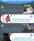 Infographic detailing steps to use Oxford White Touch Up Paint For Ford YZ Z1 M6887, 2 In 1 Scratch Repair Kit and Rust Prevention.