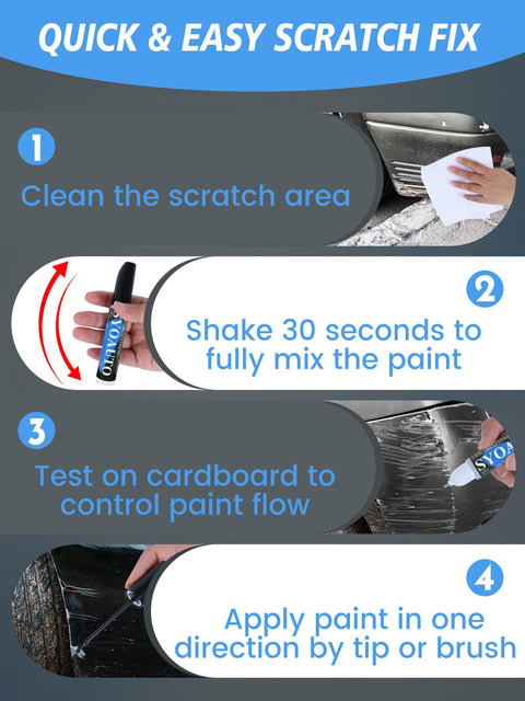 Infographic detailing steps to use Oxford White Touch Up Paint For Ford YZ Z1 M6887, 2 In 1 Scratch Repair Kit and Rust Prevention.
