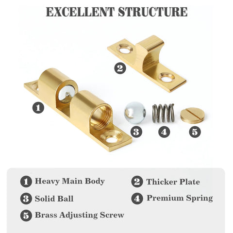 Components of Double Roller Catch Cabinet Latches Set, Adjustable Double Ball Tension Brass Door Latch, 67mm Solid Brass Latches.