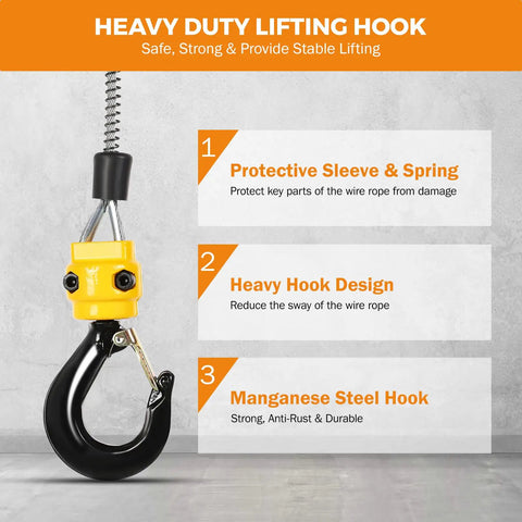 Beefy Portable Electric Hoist With 3 In 1 Control And Copper Motor, Wireless Remote And Wired Control, Lifts Up To 1543 Lbs For Quick Easy Garage Lifts heavy-duty lifting hook with manganese steel