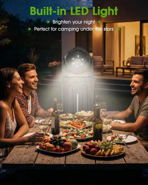 10 Inch Oscillating Misting Fan with 9 Liter Tank and Light, Portable Battery Operated Evaporative Cooler for Golf Carts Porch and Yard Gear, Rechargeable 55 Hour Run Time to Blast The Heat and Keep You Feeling Like a Boss at outdoor dinner with LED light.