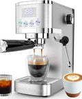Adjustable Temperature Espresso Machine With Bright Led Display And Creamy Milk Frothing Wand brewing espresso shot into glass cup.