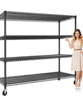 Extra Large Built Tough Four Tier Carbon Steel Wire Shelving Unit With Roller Glide Wheels, 59x23.6x71 inches, organized in a garage.