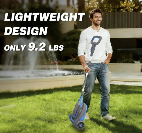 Cordless 9 Inch Mini Lawn Mower With 6000 RPM Brushless Power, 3 Adjustable Cutting Heights From 1.5 To 2.3 Inches, 20V 4.0Ah Battery And Charger Included, Smart Lift Sensor For Small Yards, No Fuss Quick Garden Care And Lawn Cleanup, lightweight mower held on lawn