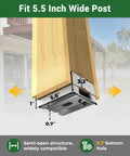 6 By 6 Galvanized Steel Post Base Heavy Duty Adjustable Wood Post Anchor For Outdoor Use Rust Resistant Built to Shield Wood From Moisture and Debris No Fuss Install Great for Fence Posts Decks and Garden Railings, showing semi-open structure with measurements.