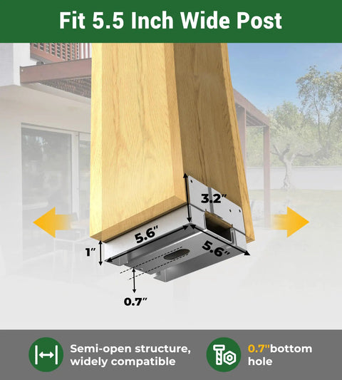 6 By 6 Galvanized Steel Post Base Heavy Duty Adjustable Wood Post Anchor For Outdoor Use Rust Resistant Built to Shield Wood From Moisture and Debris No Fuss Install Great for Fence Posts Decks and Garden Railings, showing semi-open structure with measurements.