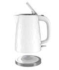 1.7L Cordless Electric Kettle with Rapid Boil, Auto Shutoff, and Water Window, Premium Textured Finish in White, Side View