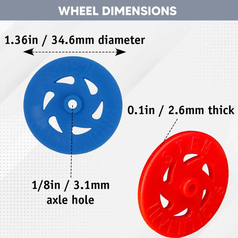 Bulk 100 Pack Small Plastic Wheels For Crafts And STEM Projects, Ideal For DIY Cars, Classroom Activities, And Craft Projects, Includes 4 Colors (25 Each), Durable Toy Wheels For Prototyping And Learning. Blue and red plastic wheels shown with 34.6mm diameter and 3.1mm axle hole.