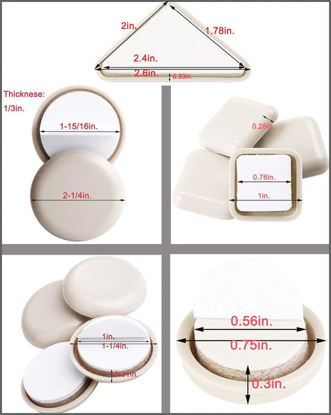 Measurements of Self Adhesive Furniture Sliders For Carpet, 40 Pack Moving Pads in various shapes, highlighting sizes and thickness.