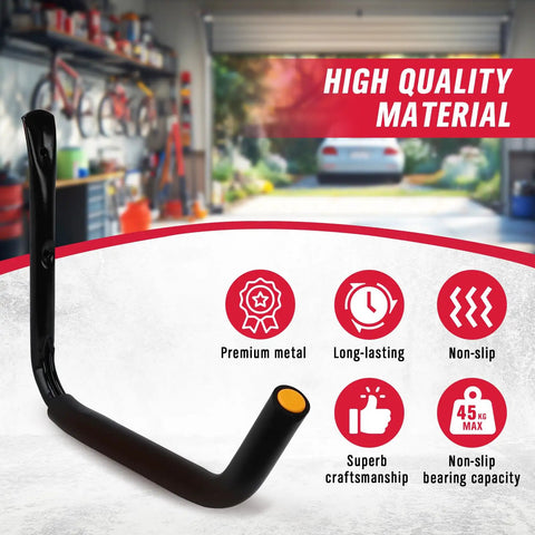 Heavy Duty 4 Piece 15 Inch Garage Storage Hooks Wall Mount Set Up To 100 Lbs Per Hook, showing single black hook and features.