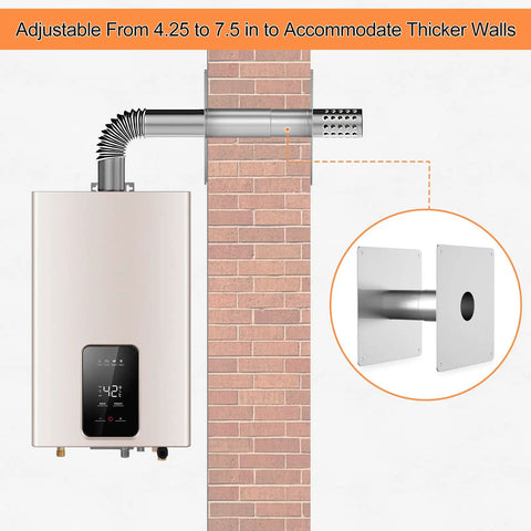 Stainless Steel Wall Thimble For Indoor Gas Water Heater Venting, Retractable 4.25 To 7.5 Inches next to brick wall