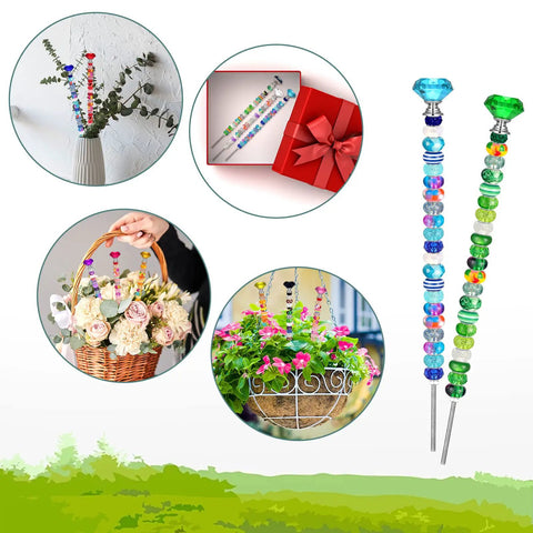 Diy Sparkle Fairy Wand Garden Stakes And Plant Support Kit With Premium Heavy Duty Stainless Steel Rods Plus Colorful Rhinestone Crafting Beads displayed in various garden settings.