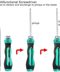 Multifunctional screwdriver with detachable Phillips and flat blade options on black and teal handle.