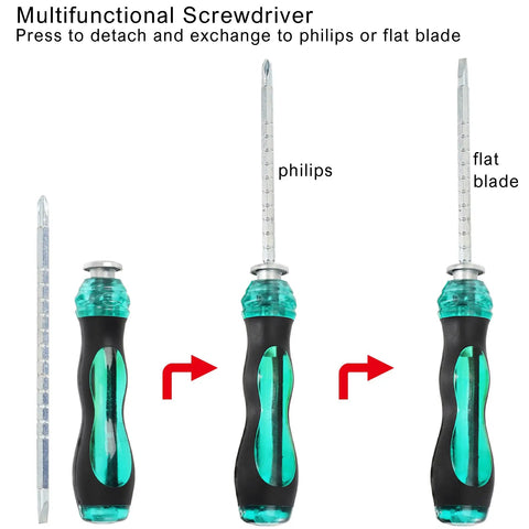 Multifunctional screwdriver with detachable Phillips and flat blade options on black and teal handle.