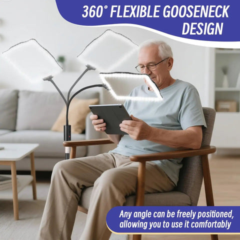 Elderly man using Big Floor Magnifying Glass With Light And Stand 48 LED Lighted Adjustable Height Floor Magnifier Lamp.