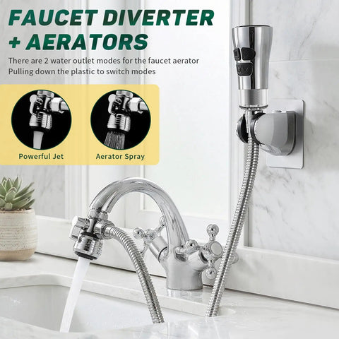 4 Mode Kitchen Faucet Sprayer Hose Attachment With Pause Water Stop, 4.9 Foot Stainless Steel Hose, installed on sink