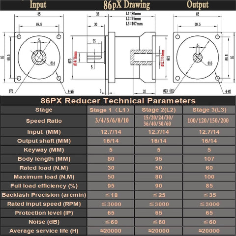 Technical drawing and specifications for Planetary Gearbox For Stepper Motor Reducer With Beefy 86Mm Housing And Multiple Ratios 3 To 1 5 To 1 10 To 1 Shaft Options 14Mm Or 16Mm Input And A Half Inch Shaft For Easy Mounting