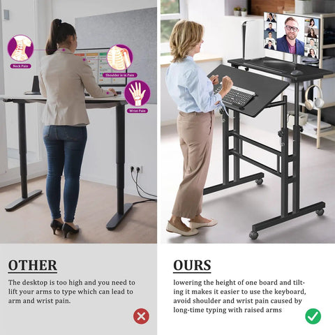 Comparison of rolling standing desk on wheels with height adjustment showing ergonomic benefits for home office use