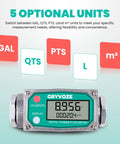 One Inch Inline Water And Fuel Flow Meter With Swivel 360 Connector For 2.6 To 26 GPM NPT Thread Aluminum Alloy Body High Precision Plus Or Minus One Percent For Diesel Gas Oil Gasoline Kerosene Methanol E15 showing optional units display screen.