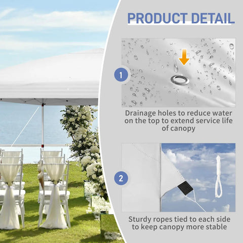 10x20 Pop Up Canopy With Sidewalls And Carry Bag Easy Up Screened Gazebo For Camping Backyard Parties BBQs Picnics Bug Free Netting Quick Setup Shade Shelter showing drainage holes and sturdy ropes for stability.