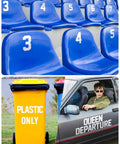 Collage of numbered blue stadium seats, yellow bin labeled 'Plastic Only,' and person in car with 'Queen Departure' decal.