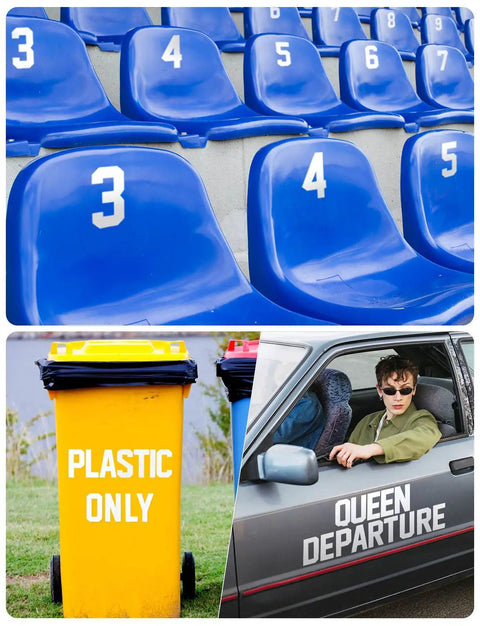 Collage of numbered blue stadium seats, yellow bin labeled 'Plastic Only,' and person in car with 'Queen Departure' decal.
