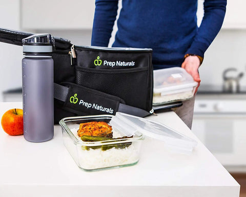Glass Meal Prep Containers Set 5 Pack 30 Oz Each With Lids on kitchen counter with meal and prep bag