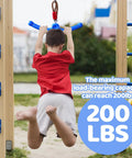 Child using Twister Swing 360 Spin Handle for Kids Slackline Accessories, showcasing 200 lbs capacity, in blue and red.