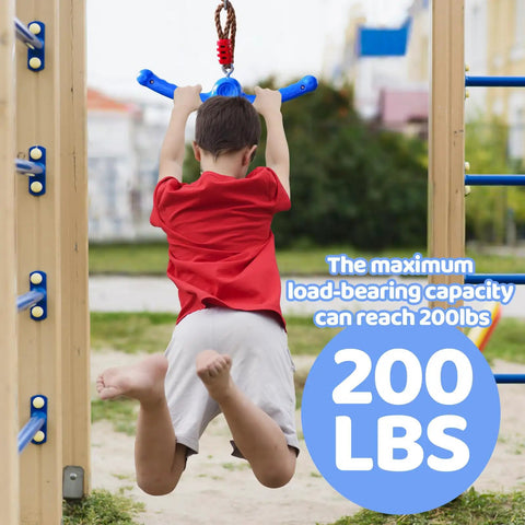Child using Twister Swing 360 Spin Handle for Kids Slackline Accessories, showcasing 200 lbs capacity, in blue and red.