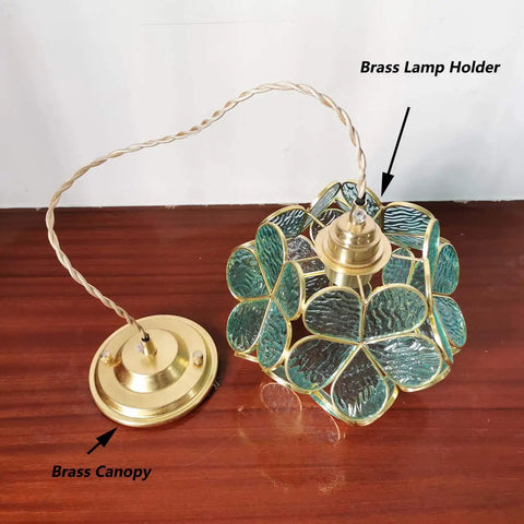 Petals Tiffany Style Stained Glass Ceiling Pendant Light With Eight Inch Lampshade in Textured Aqua Blue Cherry Blossom Finish.