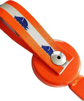 Surge brake lockout key for boat trailers with orange nylon strap and round orange plastic head