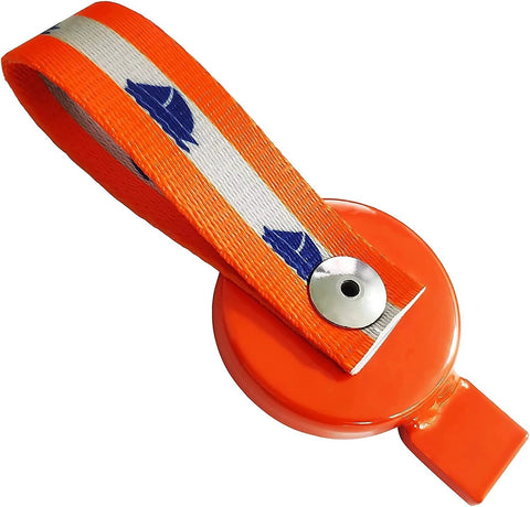 Surge brake lockout key for boat trailers with orange nylon strap and round orange plastic head