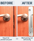 Before and after comparison of door latch guard installation for Two Pack Heavy Duty Carbon Steel Door Latch Guard Plate.