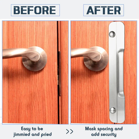 Before and after comparison of door latch guard installation for Two Pack Heavy Duty Carbon Steel Door Latch Guard Plate.