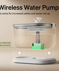 No Fuss Cat Water Fountain with Stainless Steel Tray displaying wireless pump and clear 2.5L reservoir, easy to clean design.