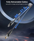 Retractable Car Charger 99W Dual Extendable Cables USB C Fast Charge For iPhone and Samsung, 80cm length, cable view.