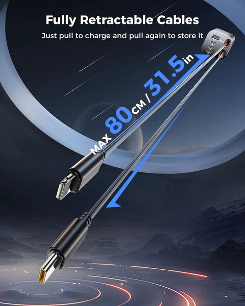 Retractable Car Charger 99W Dual Extendable Cables USB C Fast Charge For iPhone and Samsung, 80cm length, cable view.