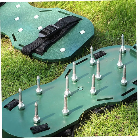 Sixteen Piece Durable Lawn Aerator Shoes with Boss Grade Spike Straps for Easy Garden Aeration and Lawn Care Tasks on grass