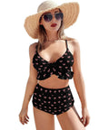 Model wearing Two Piece Push Up Bathing Suit For Women With Adjustable Straps Pink And Black Bow Back Cutout Swimsuit Removable Padding